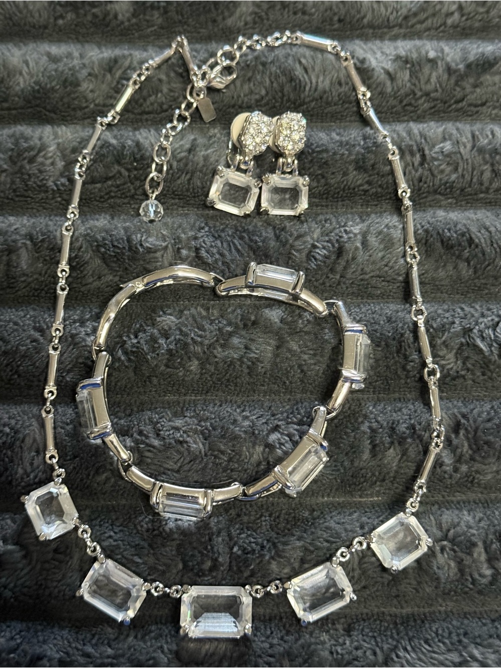 Swarovski Vintage Silver Crystal Rectangular Necklace Bracelet Earrings Set